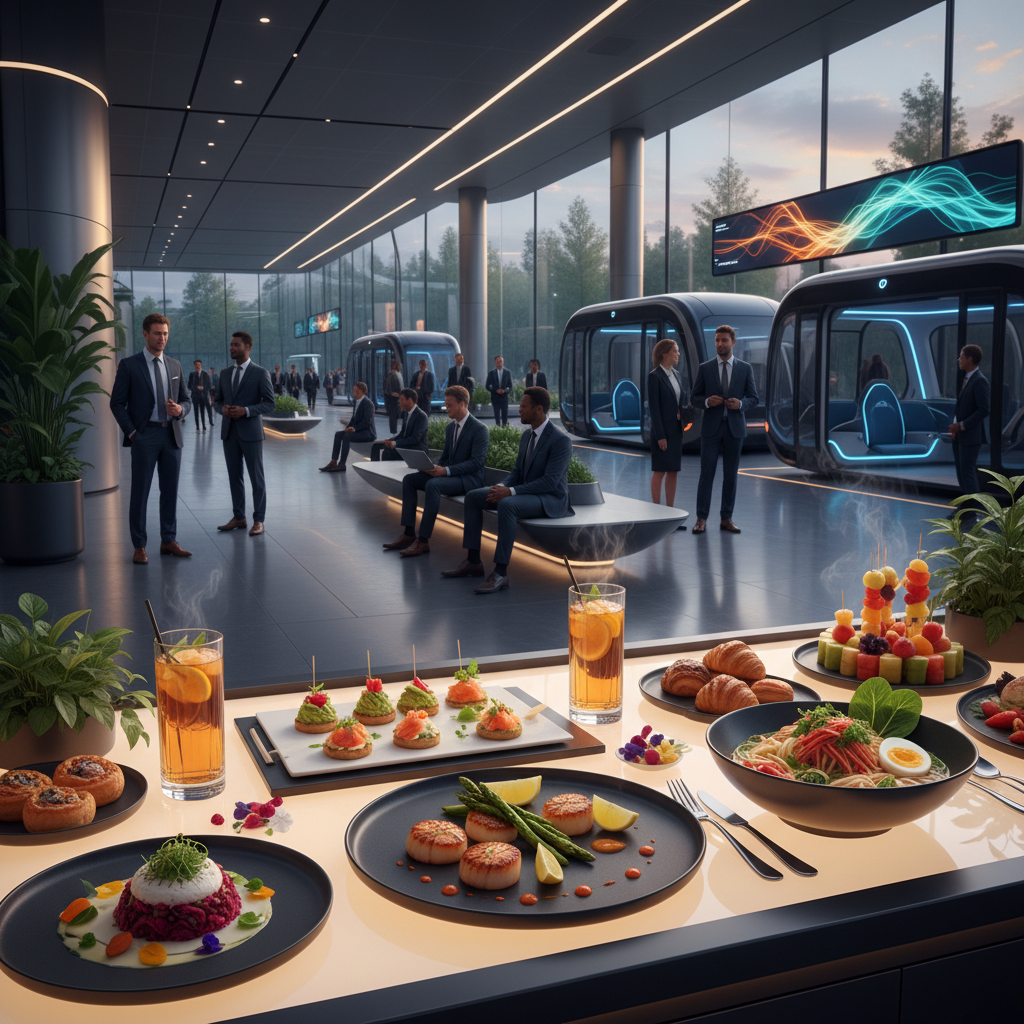 Station de bus futuriste avec des passagers, illustrant une expérience moderne