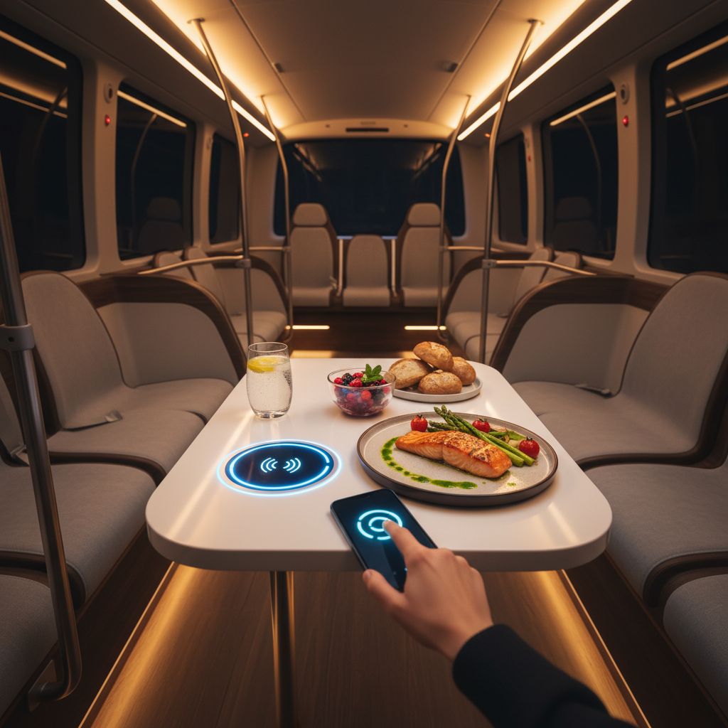 Intérieur d'un bus autonome avec terminal de paiement NFC