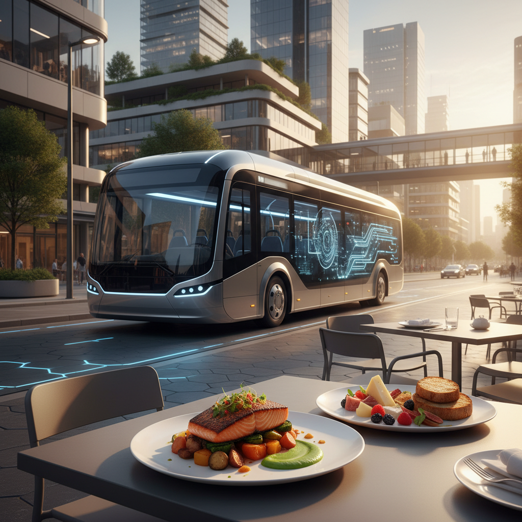 Bus autonome circulant en ville, symbolisant le transport du futur